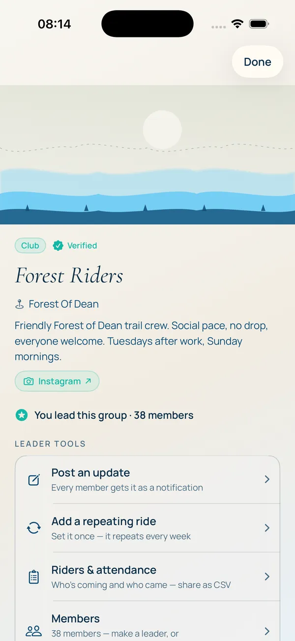 A Plus1 group page: cover photo, name, Verified badge, area, about, and leader tools