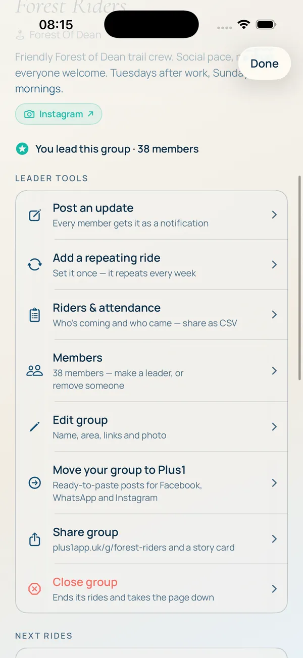 Leader tools: post an update, add a repeating ride, riders and attendance, members, edit group, move your group, share