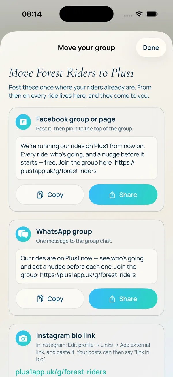 Move your group: ready-to-paste posts for a Facebook group, WhatsApp and your Instagram bio