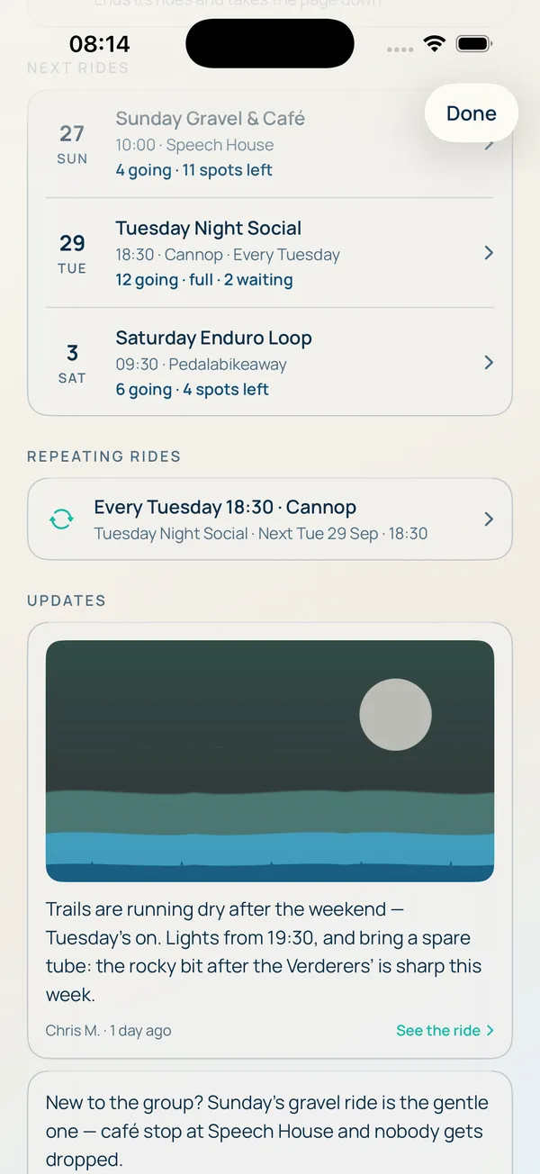 A group page showing next rides, the repeating Tuesday ride and an update with a photo