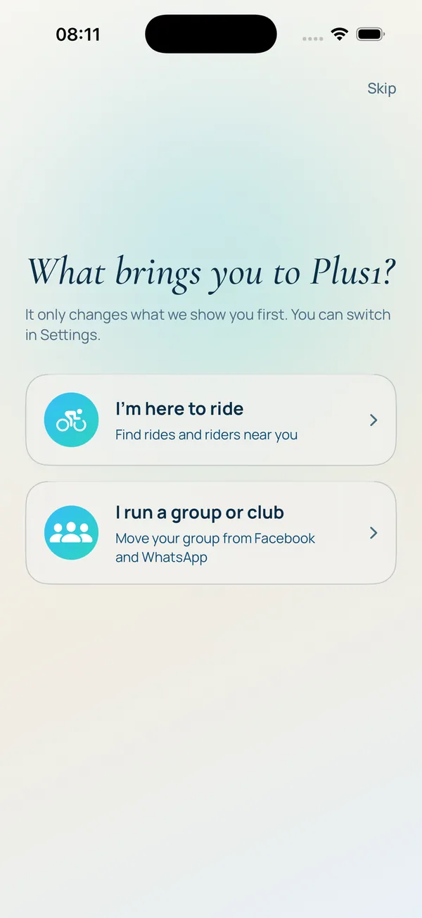 Sign-up screen: I'm here to ride, or I run a group or club