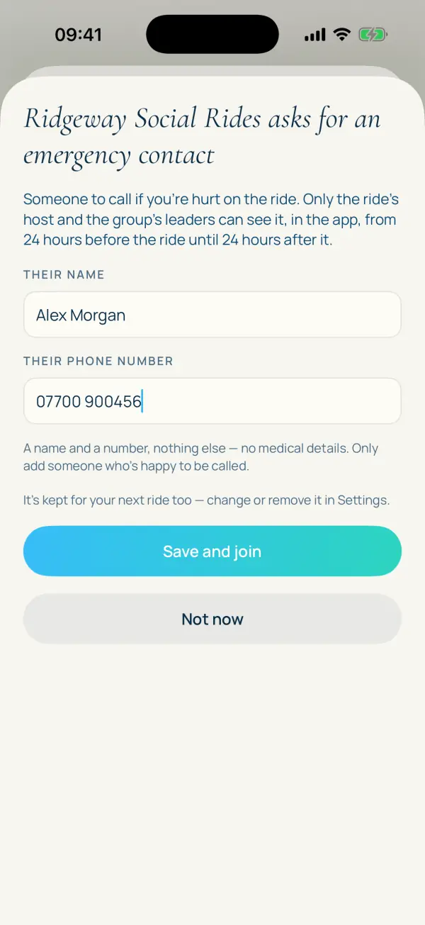 A group asks for an emergency contact: their name and phone number, nothing else