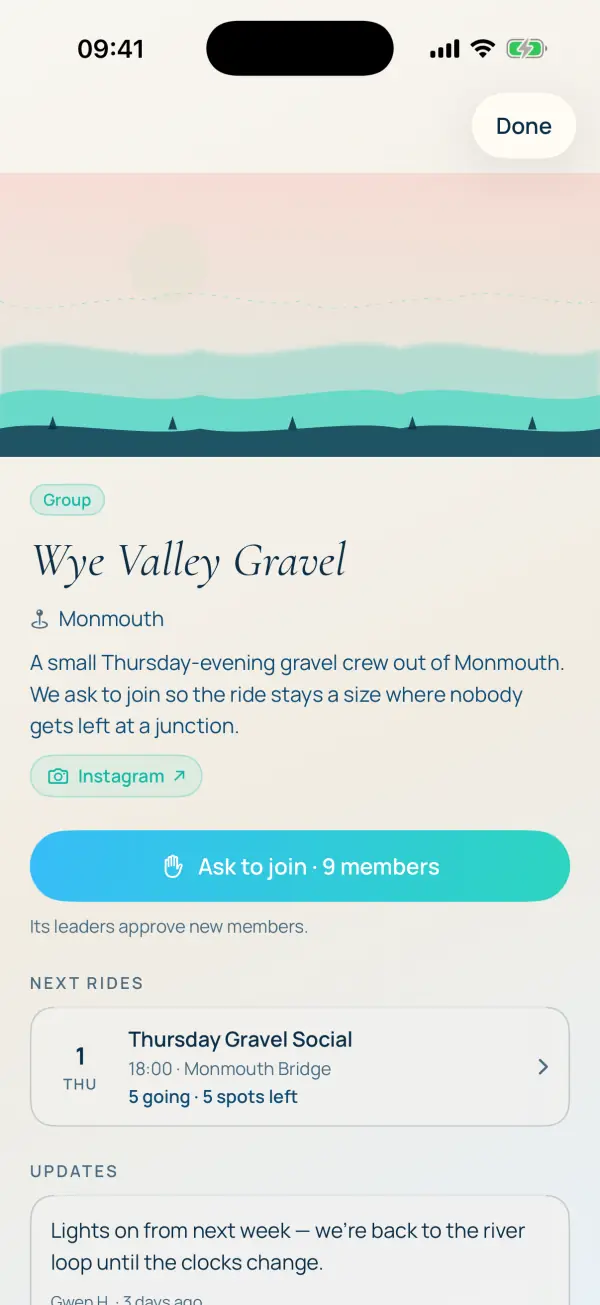 Wye Valley Gravel, a made-up group, as a rider who isn't in it yet: Ask to join, 9 members