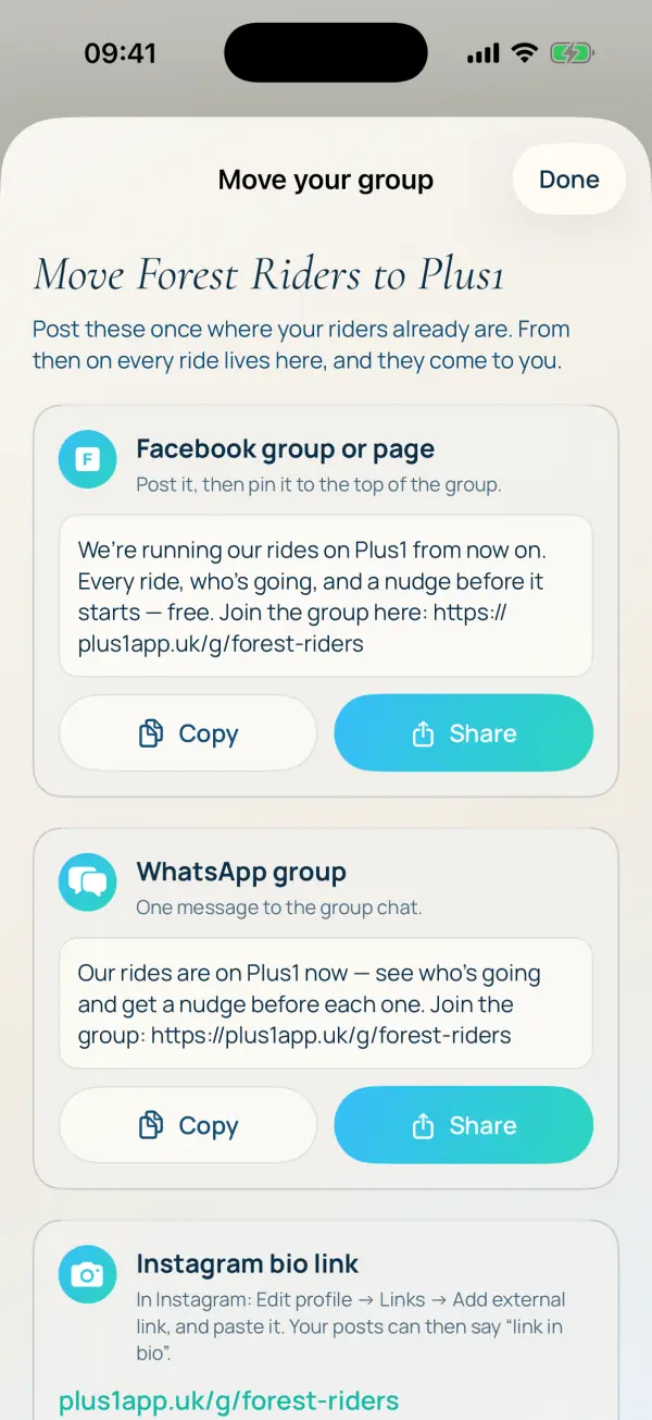 Move your group: a ready-to-paste post for a Facebook group, one for WhatsApp, and the Instagram bio link