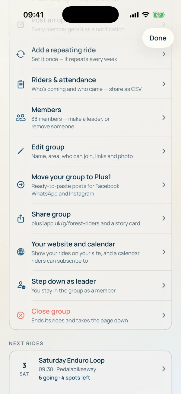 Leader tools: add a repeating ride, riders and attendance, members, edit group, move your group, share group