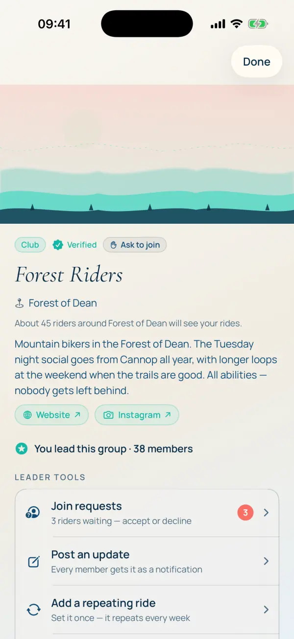 The Forest Riders group page: cover, name, area, about, links and the start of leader tools