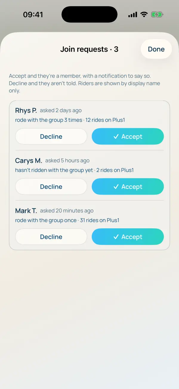 Join requests: three riders, each with Decline and Accept