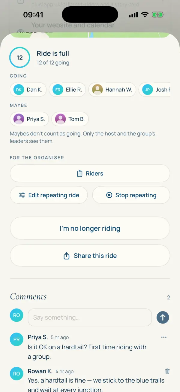 A full ride: going, maybe, and the organiser's Riders button