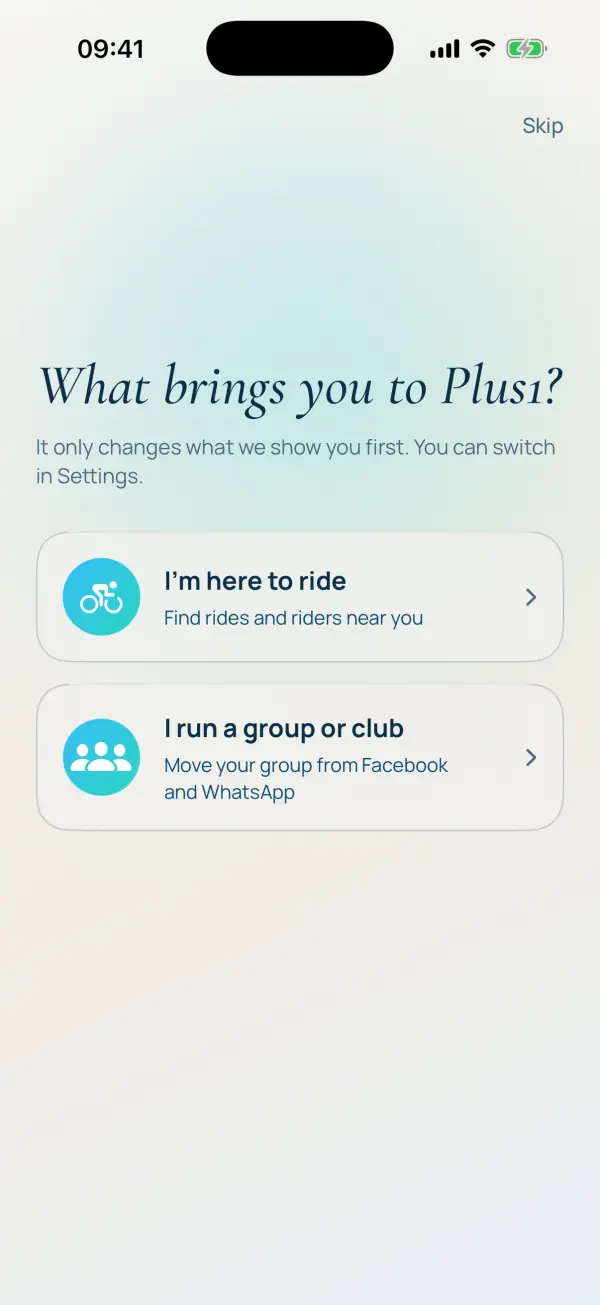Plus1 asks what brings you here: I'm here to ride, or I run a group or club