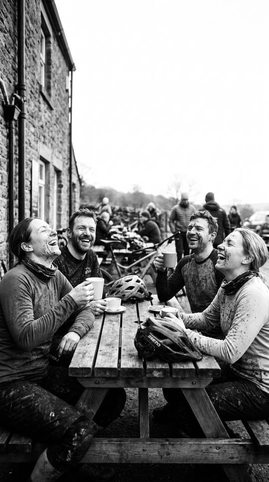 four muddy riders laughing over coffee outside a trail-centre café