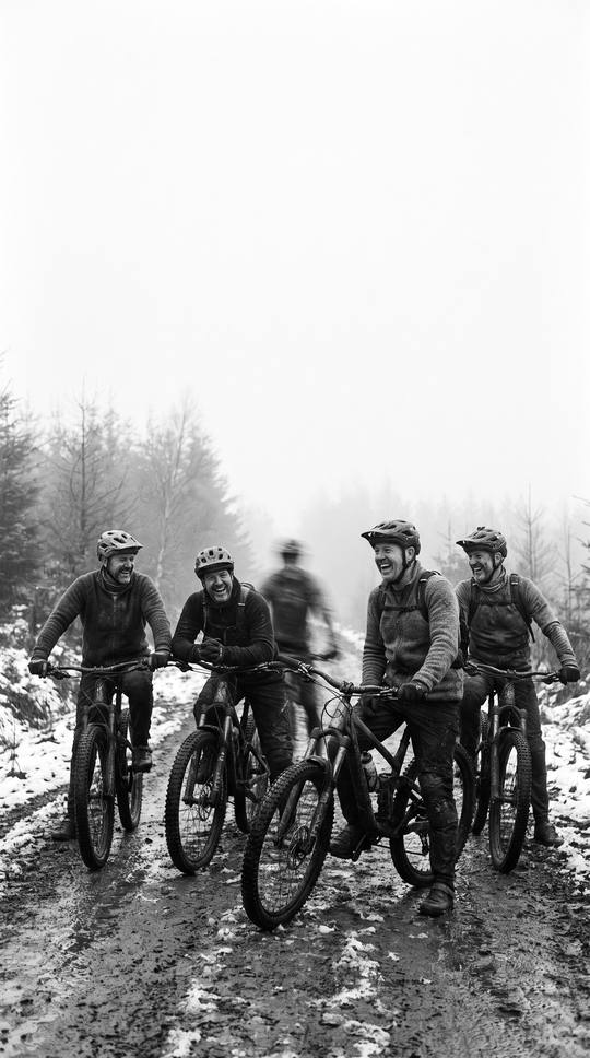 four riders stopped side by side on a muddy fire road, laughing