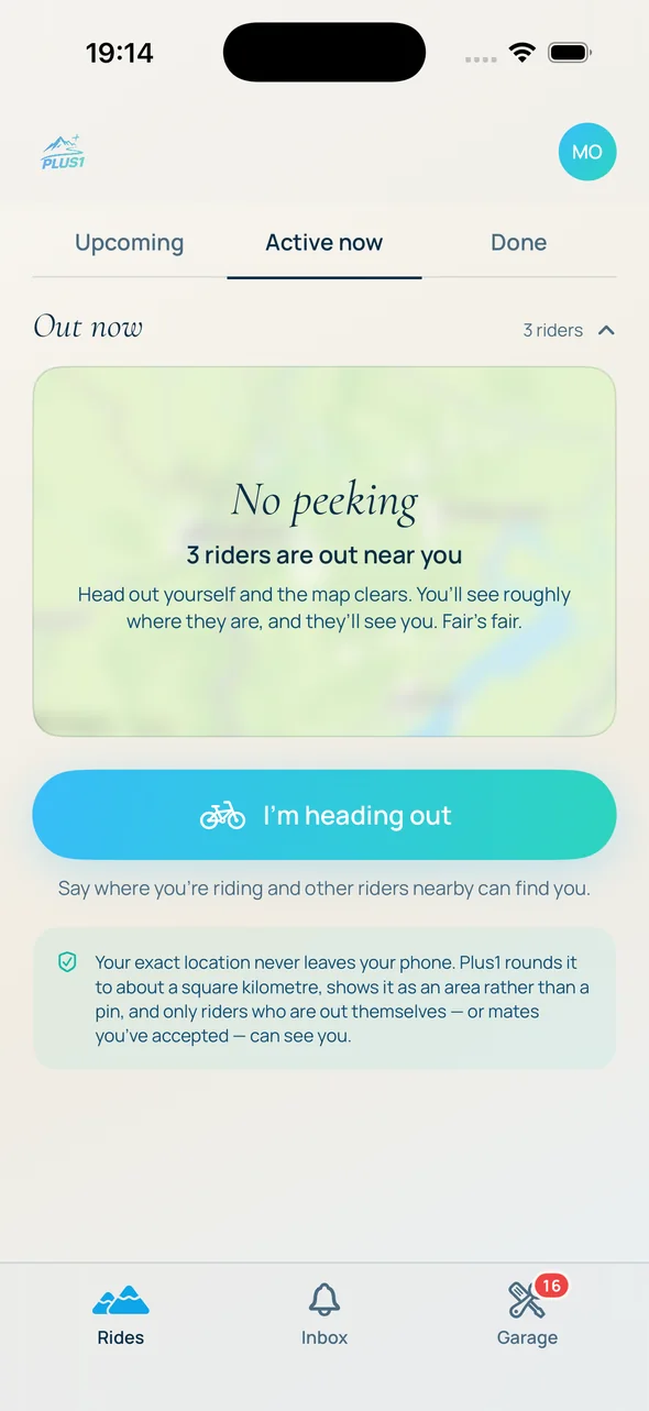 active now tab with a blurred map saying no peeking, 3 riders are out near you