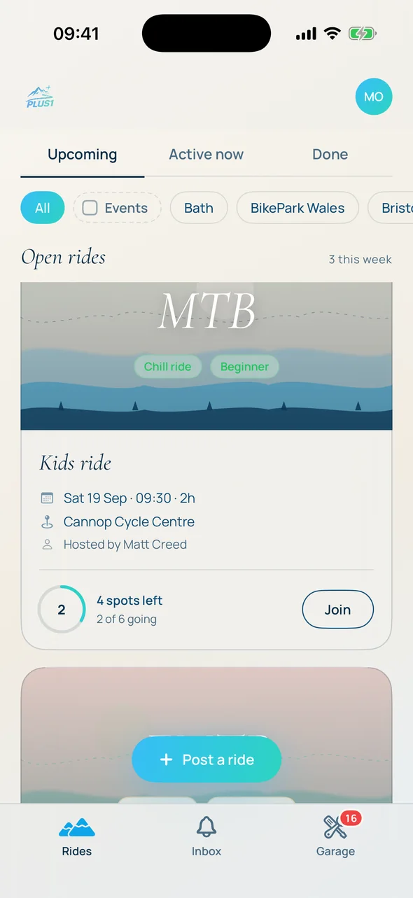 plus1 feed of upcoming rides with how many spots are left on each