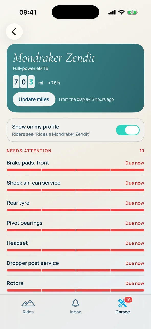 garage: a bike's parts with wear bars