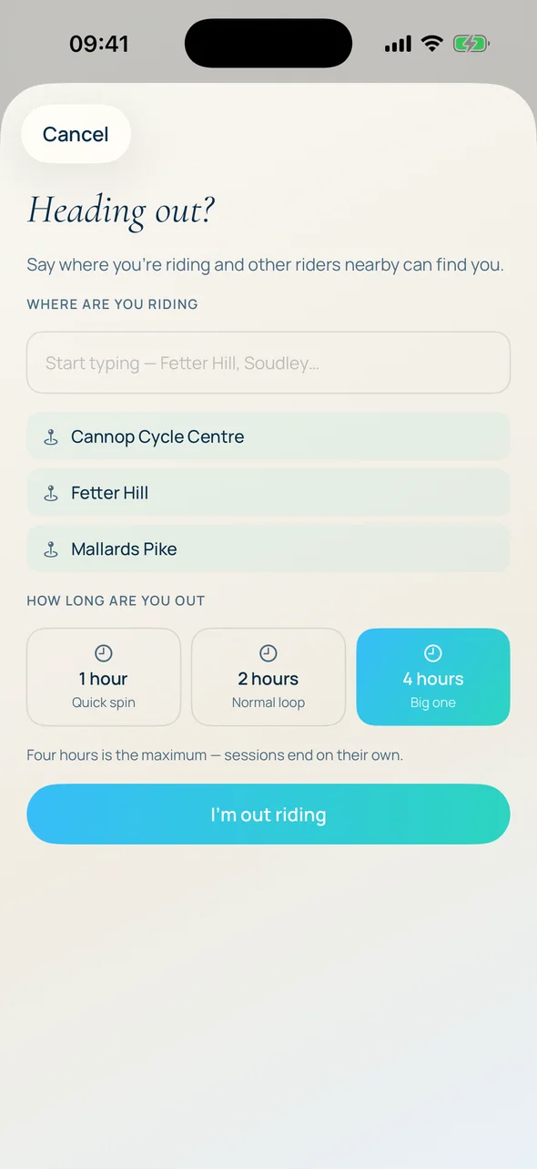 heading out form: where you're riding and how long