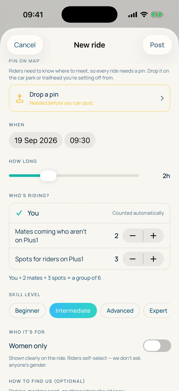 post a ride form: who's riding, with you, mates and spots